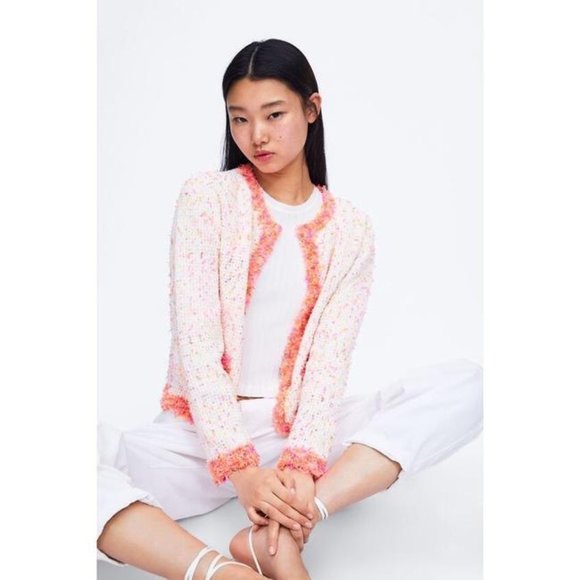 ZARA Hot Pink Tweed Cropped Cardigan Blazer - Picture 2 of 13